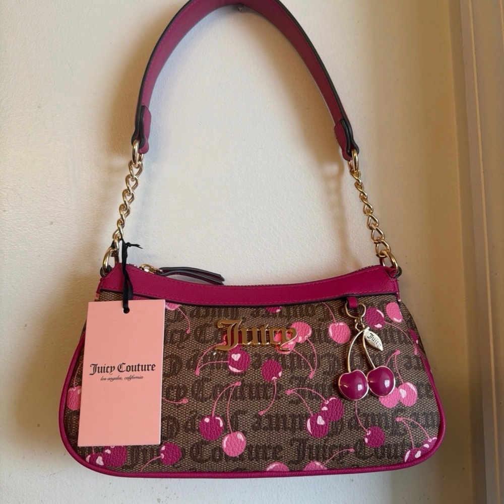 Juicy Couture Brown Monogram Shoulder Bag with Pink Cherry Print
